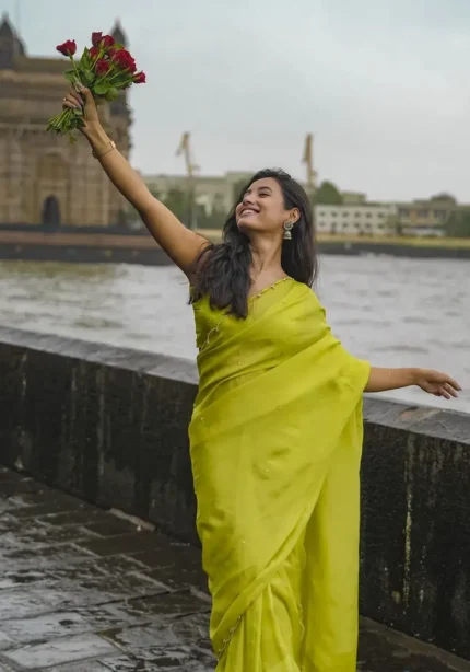 Lime Yellow Pearl Hand Work Smooth Crepe Silk Saree With Cut Work Border