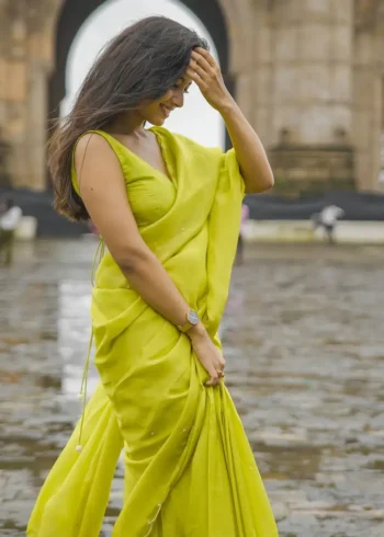 Lime Yellow Pearl Hand Work Smooth Crepe Silk Saree With Cut Work Border