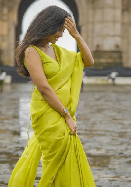 Lime Yellow Pearl Hand Work Smooth Crepe Silk Saree With Cut Work Border