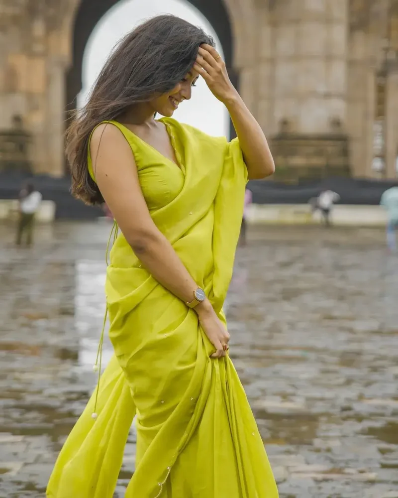 Lime Yellow Pearl Hand Work Smooth Crepe Silk Saree With Cut Work Border