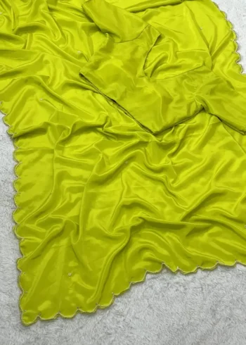 Lime Yellow Pearl Hand Work Smooth Crepe Silk Saree With Cut Work Border