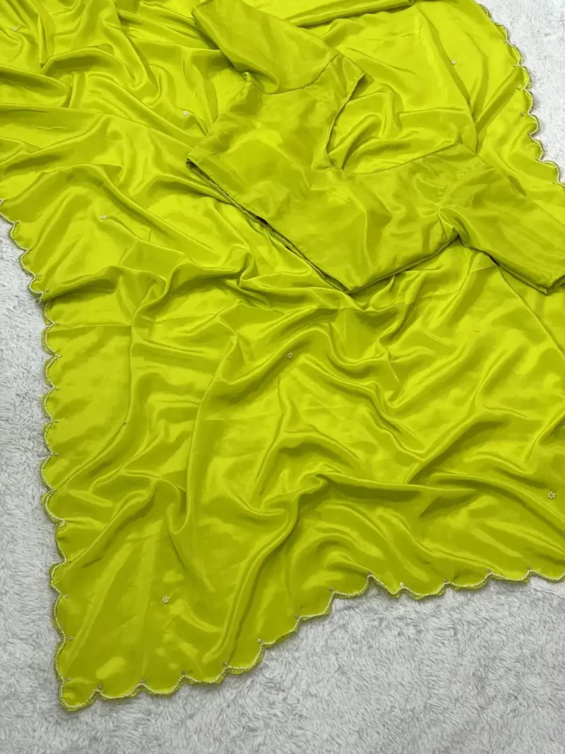 Lime Yellow Pearl Hand Work Smooth Crepe Silk Saree With Cut Work Border