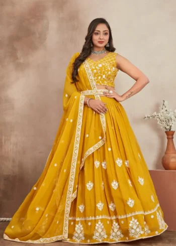 Mustard Yellow Thread Sequence Work Heavy Georgette Haldi Lehenga Choli