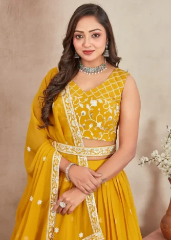 Mustard Yellow Thread Sequence Work Heavy Georgette Haldi Lehenga Choli