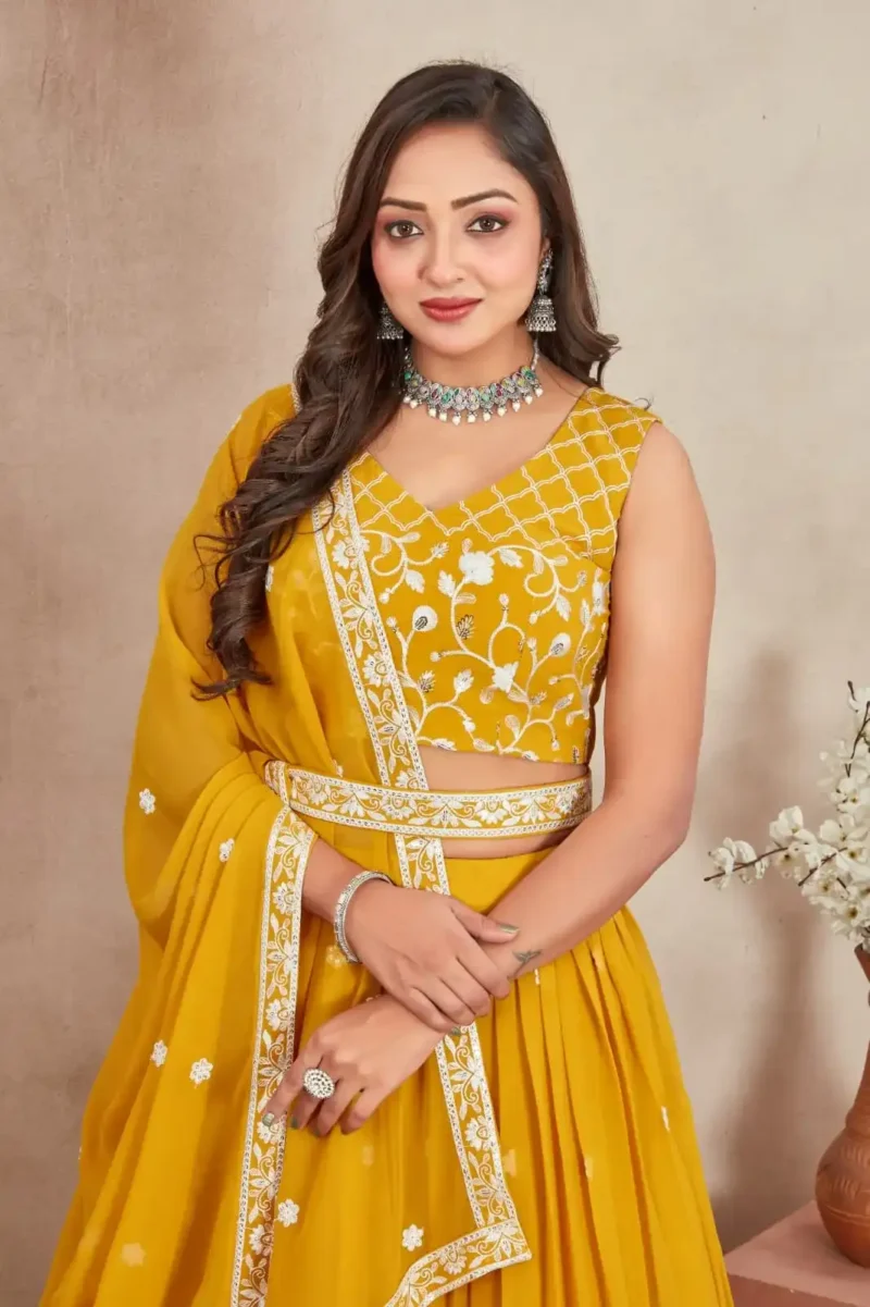 Mustard Yellow Thread Sequence Work Heavy Georgette Haldi Lehenga Choli