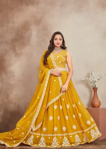 Mustard Yellow Thread Sequence Work Heavy Georgette Haldi Lehenga Choli