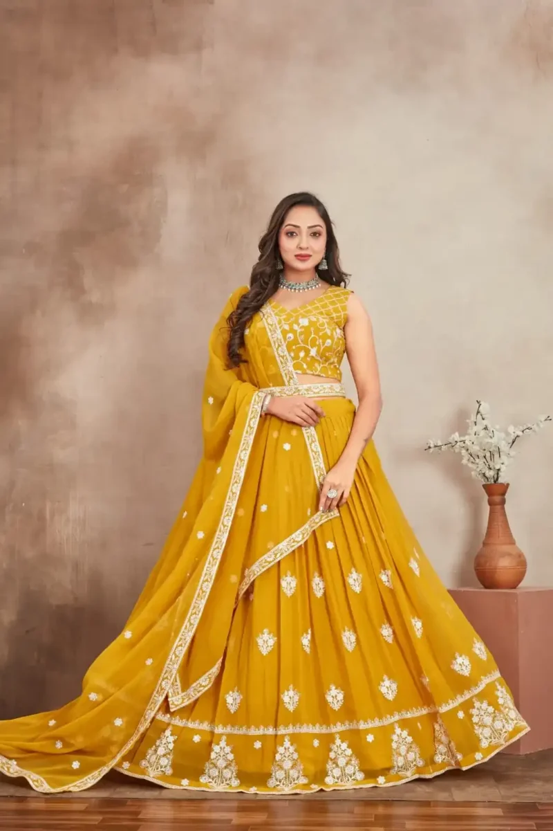 Mustard Yellow Thread Sequence Work Heavy Georgette Haldi Lehenga Choli