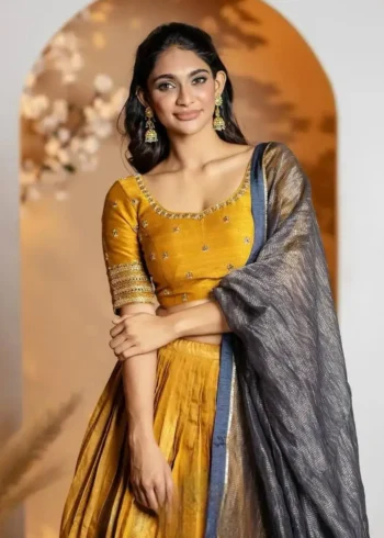Mustartd Tissue Jari Kalamkari Printed Lehenga Choli