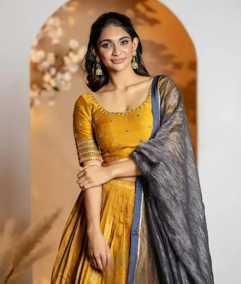 Mustartd Tissue Jari Kalamkari Printed Lehenga Choli