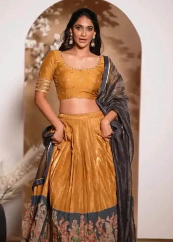 Mustartd Tissue Jari Kalamkari Printed Lehenga Choli