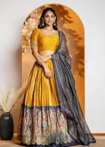 Mustartd Tissue Jari Kalamkari Printed Lehenga Choli