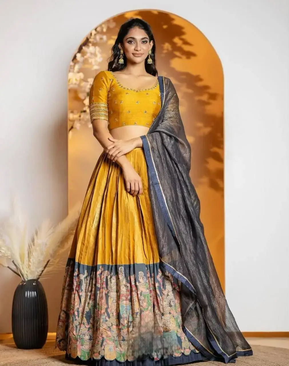 Mustartd Tissue Jari Kalamkari Printed Lehenga Choli