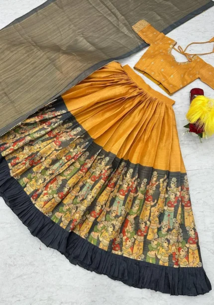 Mustartd Tissue Jari Kalamkari Printed Lehenga Choli