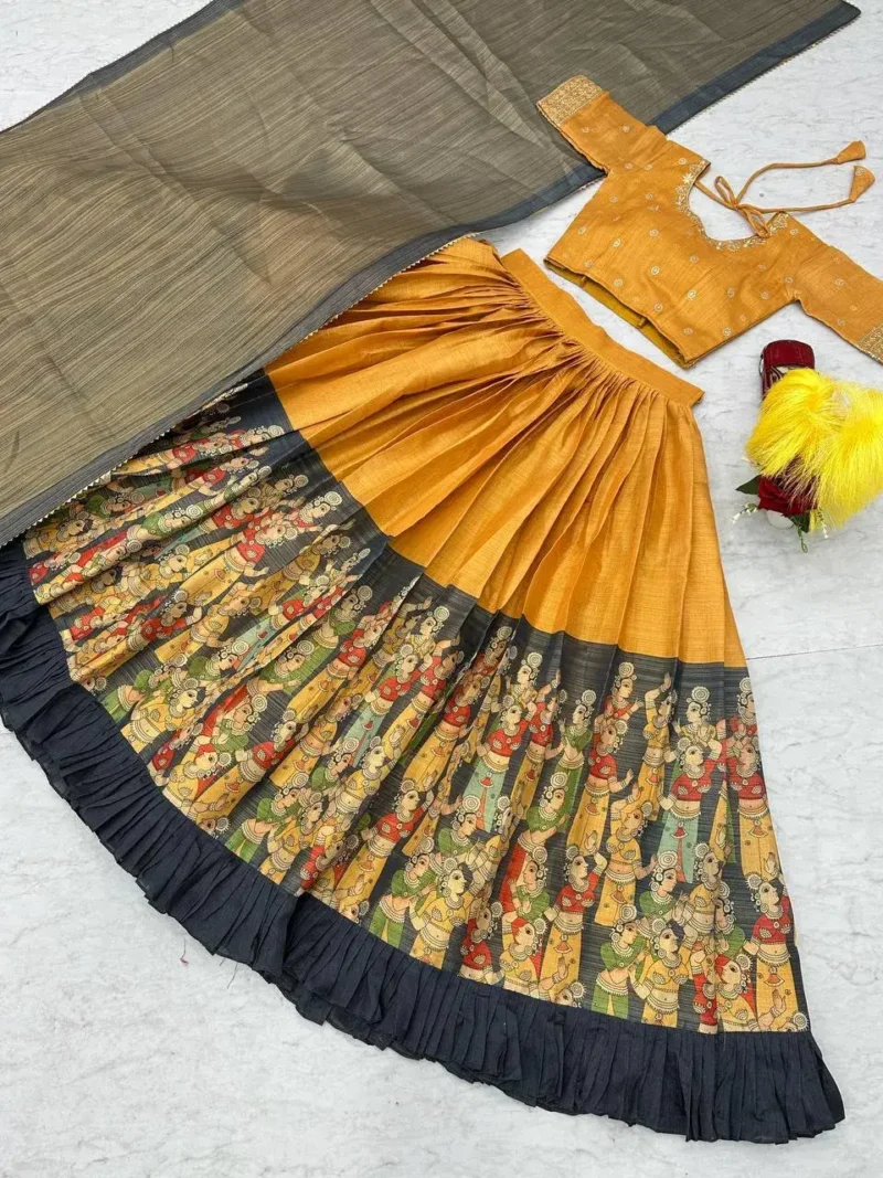 Mustartd Tissue Jari Kalamkari Printed Lehenga Choli