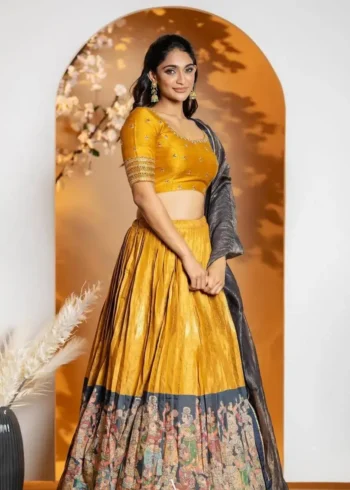 Mustartd Tissue Jari Kalamkari Printed Lehenga Choli