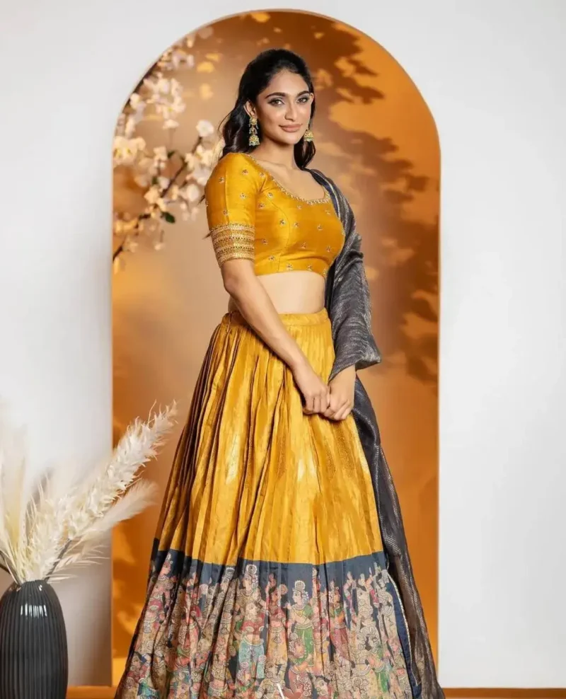 Mustartd Tissue Jari Kalamkari Printed Lehenga Choli