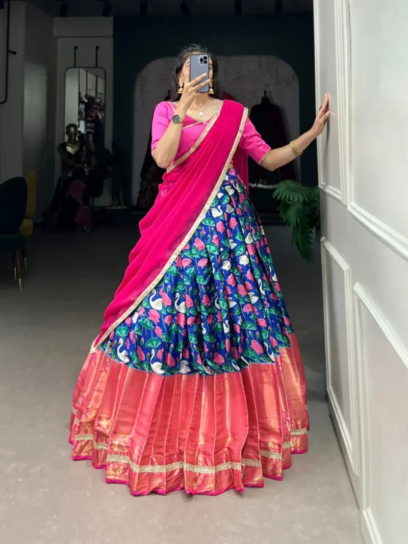 Mysore Silk Pichwai Printed Zari Weaving Border Half Saree Lehenga