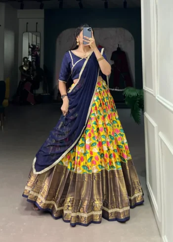 Mysore Silk Pichwai Printed Zari Weaving Border Half Saree Lehenga