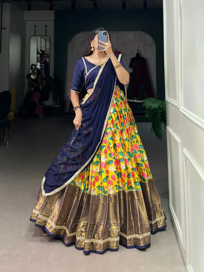 Mysore Silk Pichwai Printed Zari Weaving Border Half Saree Lehenga