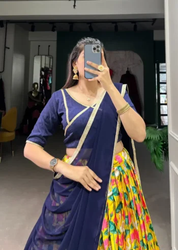 Mysore Silk Pichwai Printed Zari Weaving Border Half Saree Lehenga