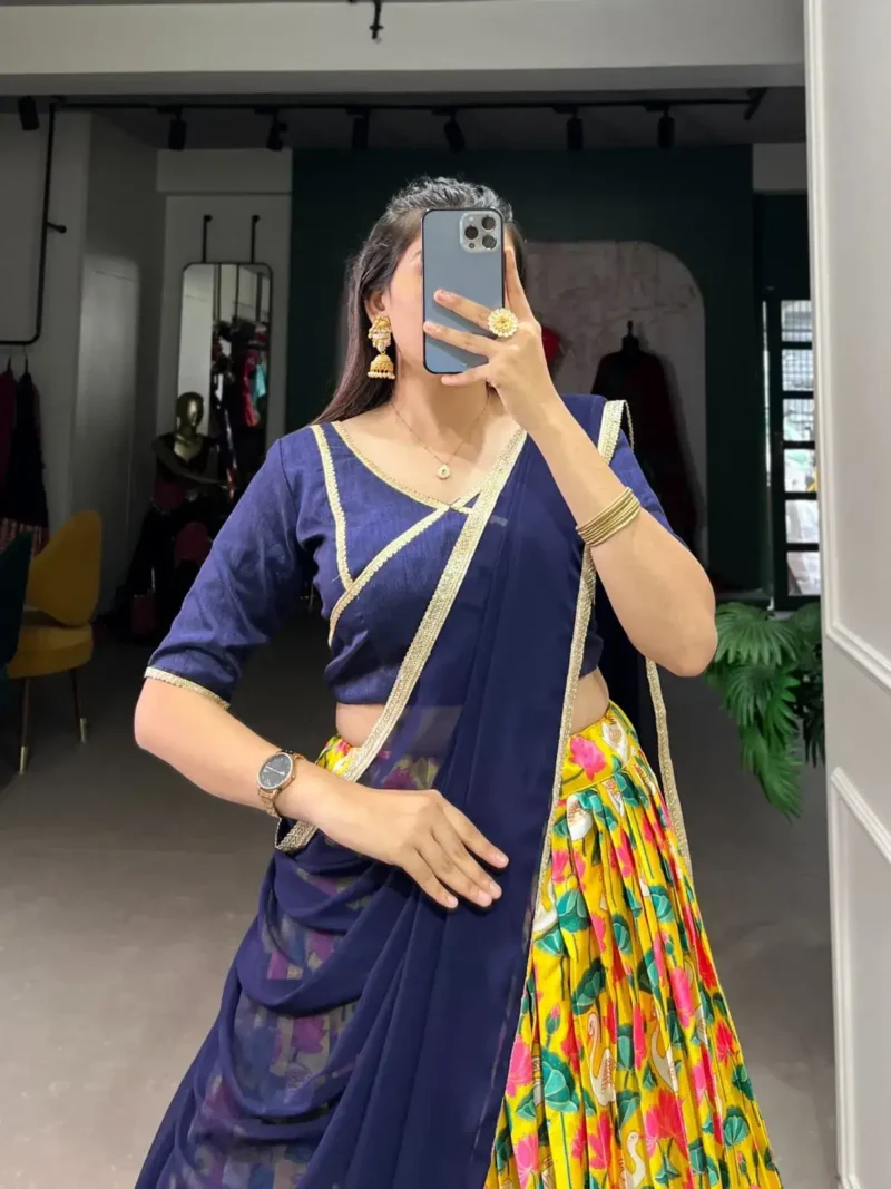 Mysore Silk Pichwai Printed Zari Weaving Border Half Saree Lehenga