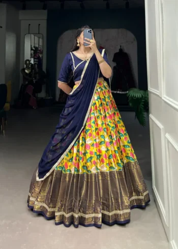 Mysore Silk Pichwai Printed Zari Weaving Border Half Saree Lehenga