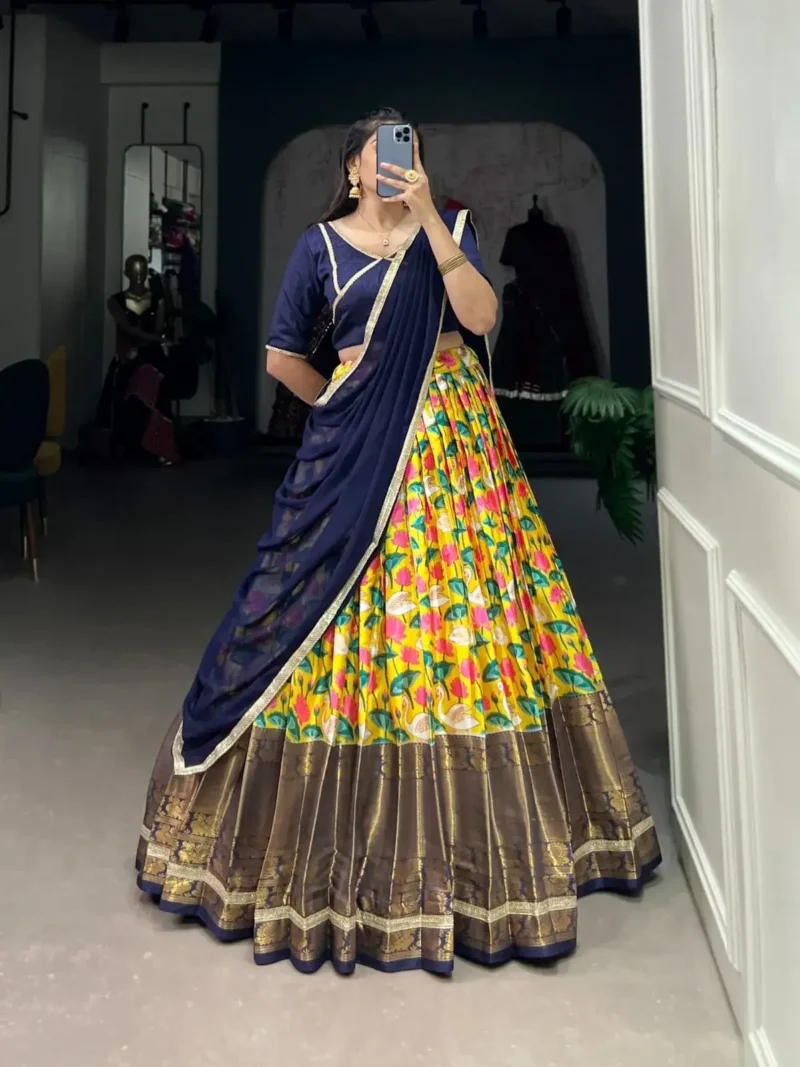Mysore Silk Pichwai Printed Zari Weaving Border Half Saree Lehenga