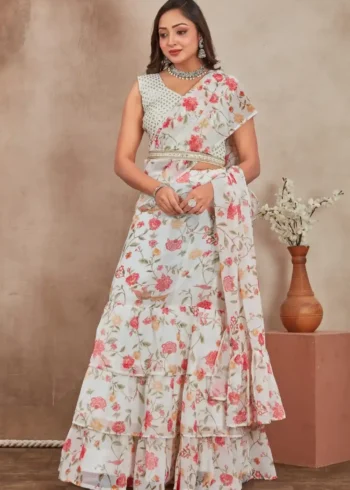 Off White Heavy Digital Printed Three Layer Lehenga Saree