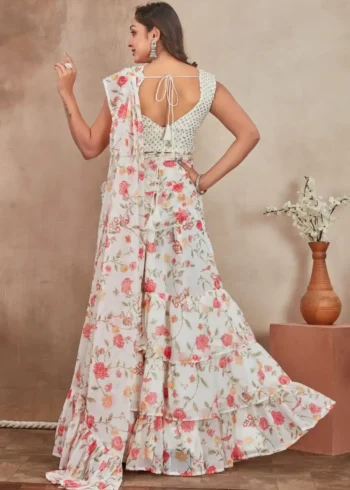 Off White Heavy Digital Printed Three Layer Lehenga Saree