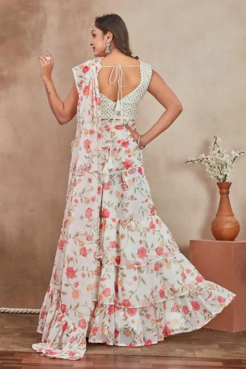 Off White Heavy Digital Printed Three Layer Lehenga Saree