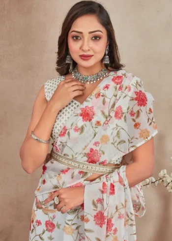 Off White Heavy Digital Printed Three Layer Lehenga Saree