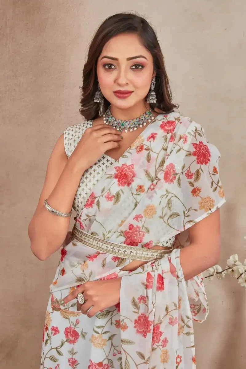 Off White Heavy Digital Printed Three Layer Lehenga Saree