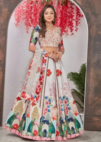 Off White Heavy Digital Printed Vrindavan Traditional Lehenga Choli