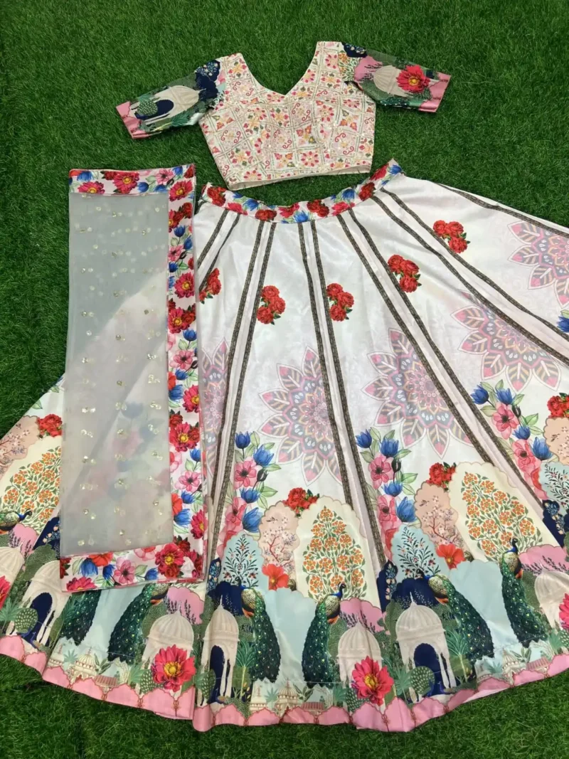 Off White Heavy Digital Printed Vrindavan Traditional Lehenga Choli