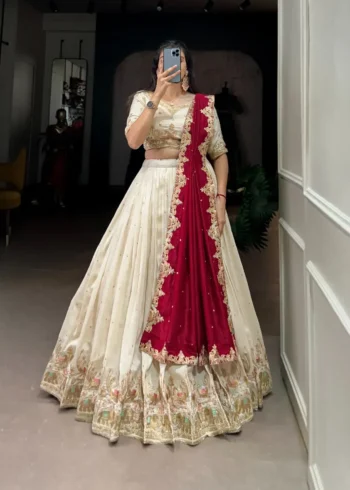 Off White Sequins Embroidered Half Saree Lehenga Choli