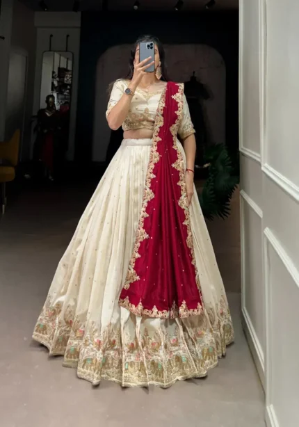 Off White Sequins Embroidered Half Saree Lehenga Choli