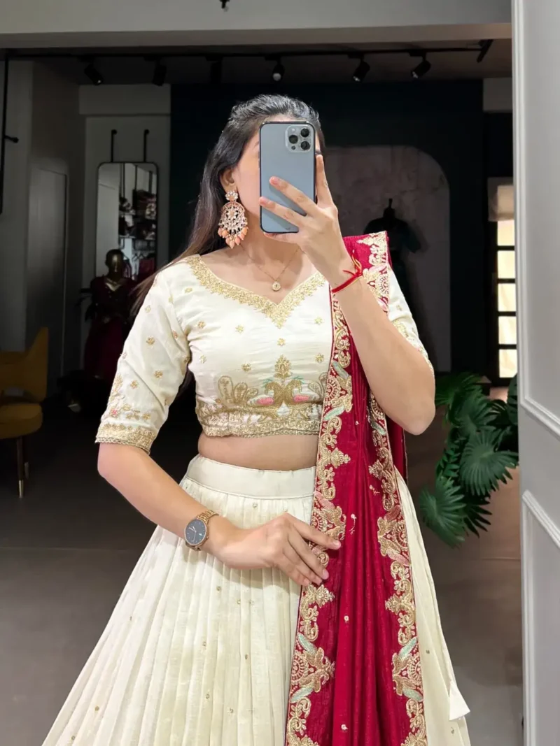 Off White Sequins Embroidered Half Saree Lehenga Choli