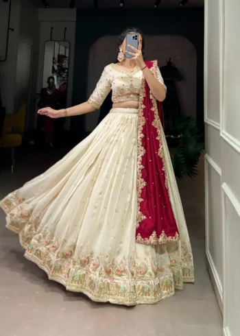 Off White Sequins Embroidered Half Saree Lehenga Choli