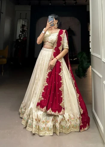 Off White Sequins Embroidered Half Saree Lehenga Choli