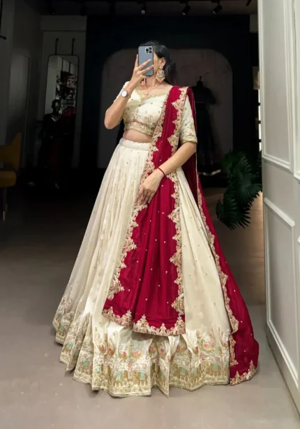 Off White Sequins Embroidered Half Saree Lehenga Choli