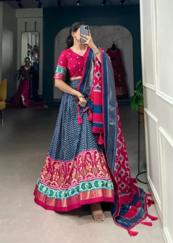 Patola and Foil Print Tussar Silk Half Saree Lehenga