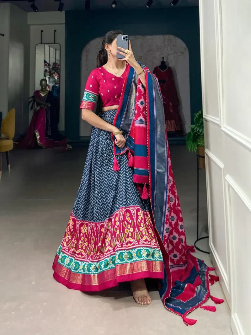 Patola and Foil Print Tussar Silk Half Saree Lehenga