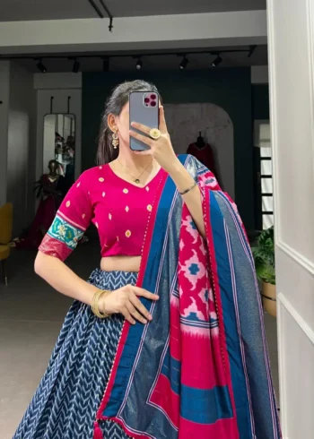 Patola and Foil Print Tussar Silk Half Saree Lehenga