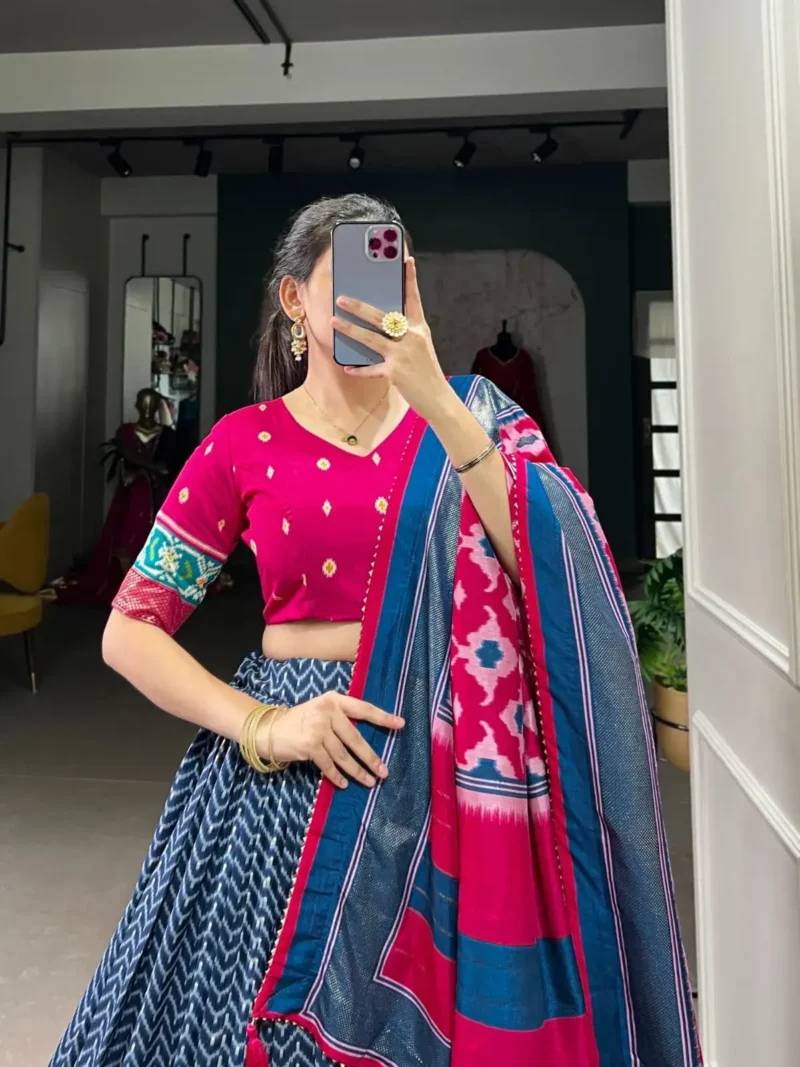 Patola and Foil Print Tussar Silk Half Saree Lehenga
