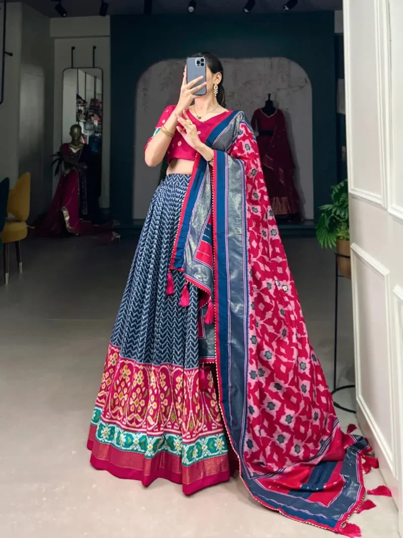 Patola and Foil Print Tussar Silk Half Saree Lehenga