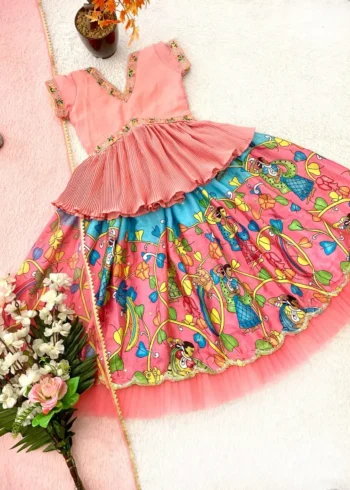 Peach Color Sequins Embroidered Stitched Kalamkari Lehenga for Kids