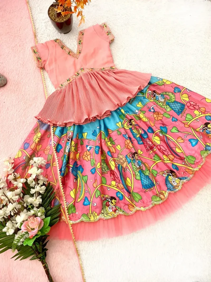 Peach Color Sequins Embroidered Stitched Kalamkari Lehenga for Kids