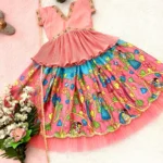 Peach Color Sequins Embroidered Stitched Kalamkari Lehenga for Kids