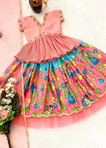 Peach Color Sequins Embroidered Stitched Kalamkari Lehenga for Kids