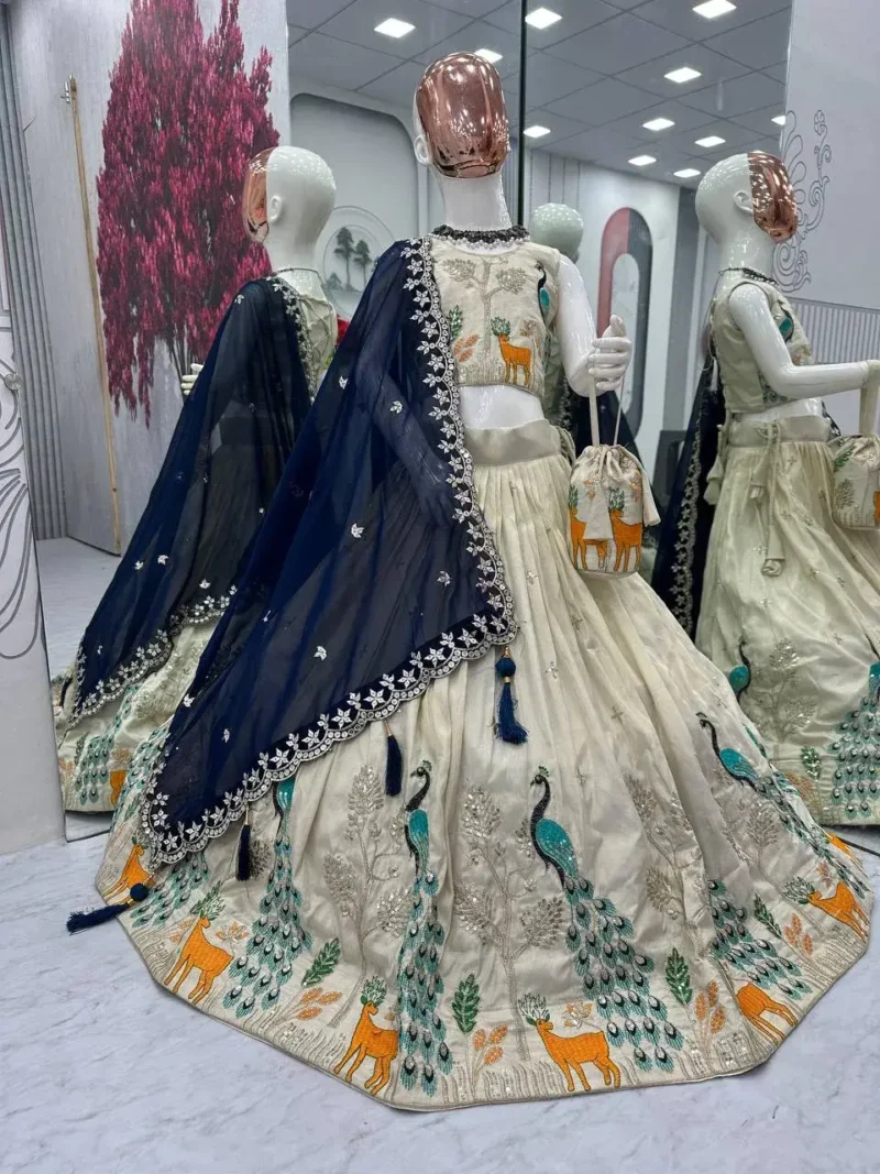 Peacock Design Thread Sequence Embroidered Kids Wedding Lehenga With Purse
